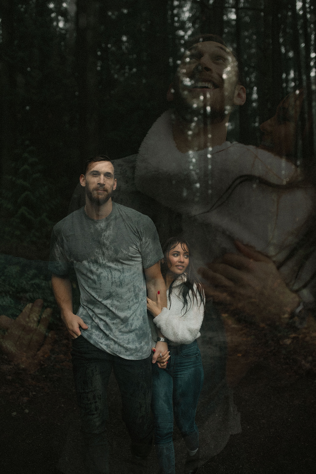 The couple shares a romantic moment as they laugh together under the rain, creating an intimate rainy day couple picture that radiates warmth and connection. Their expressions reflect the joy of embracing the weather.