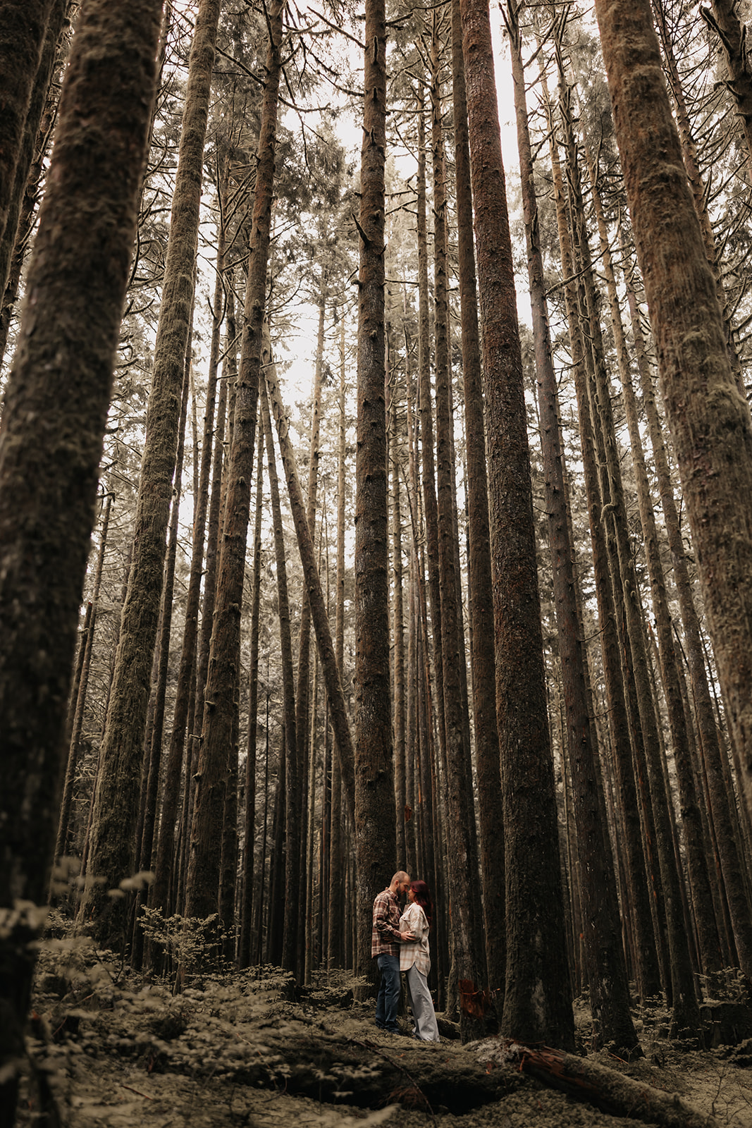 Couple standing close together under towering trees in a forest, smiling warmly during their engagement session—perfect for capturing natural, rainy engagement photos