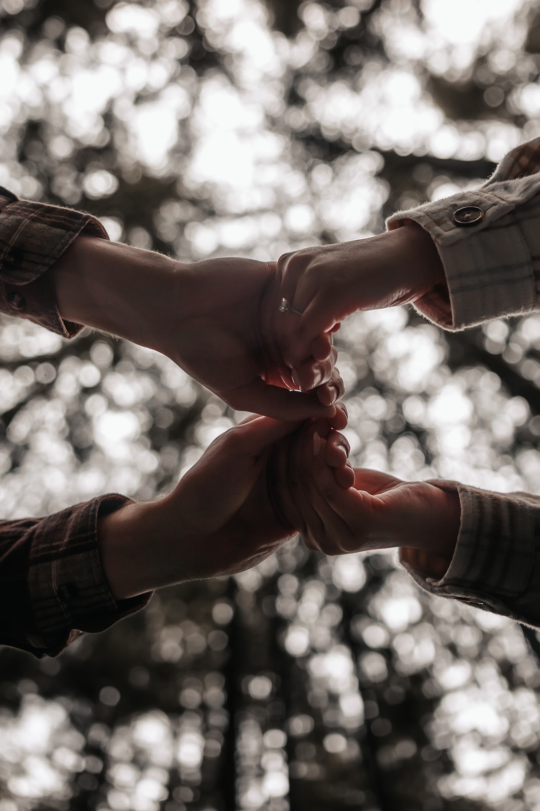 Couple holding hands in the forest, with one of them lifting the other up, surrounded by the tall trees, creating a perfect moment for a fun and adventurous rainy engagement photo.