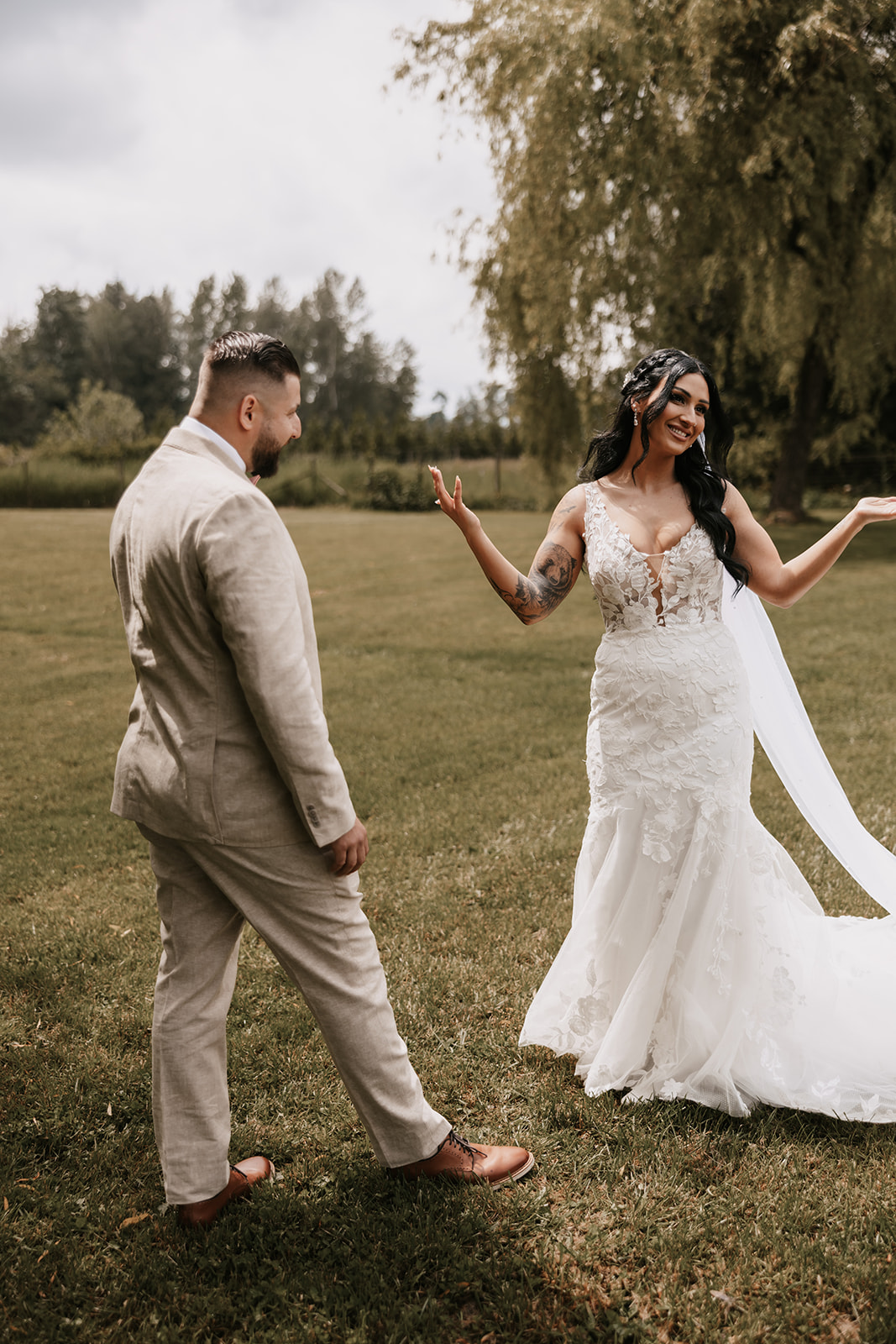 Bride acting silly with her groom during first look