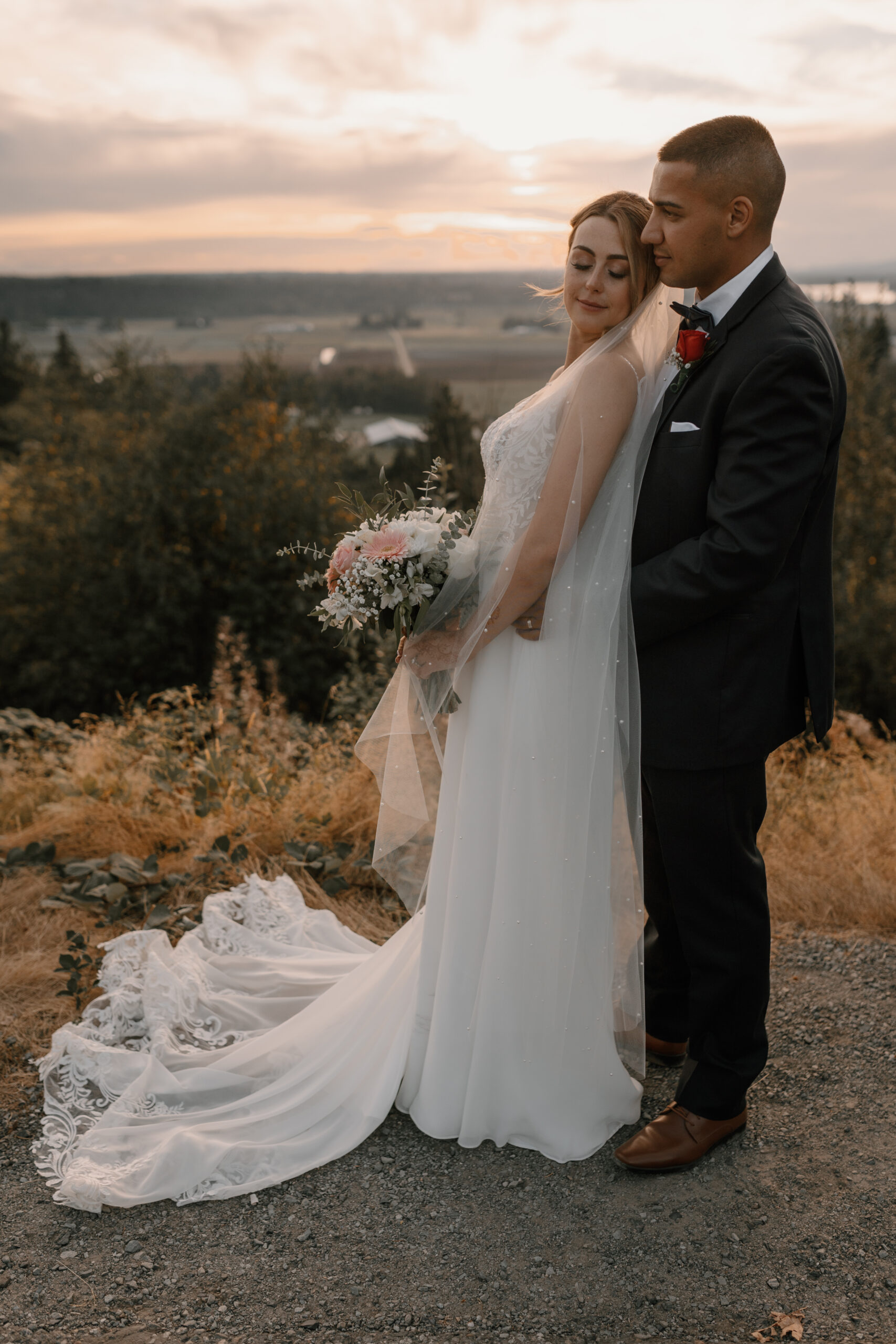 Bride and Groom golden hour photos for their backyard wedding